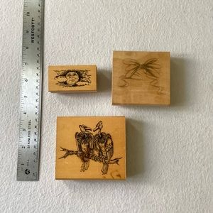 3 large, unusual vintage ink stamps! (90s). Moon, vultures & fancy bow. Unused!
